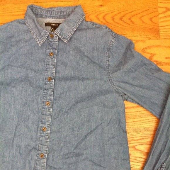 WOMENS S CHAMBRAY DENIM SHIRT LONG SLEEVE 100% COTTON BLUE 38.5"x 24" - Picture 4 of 12